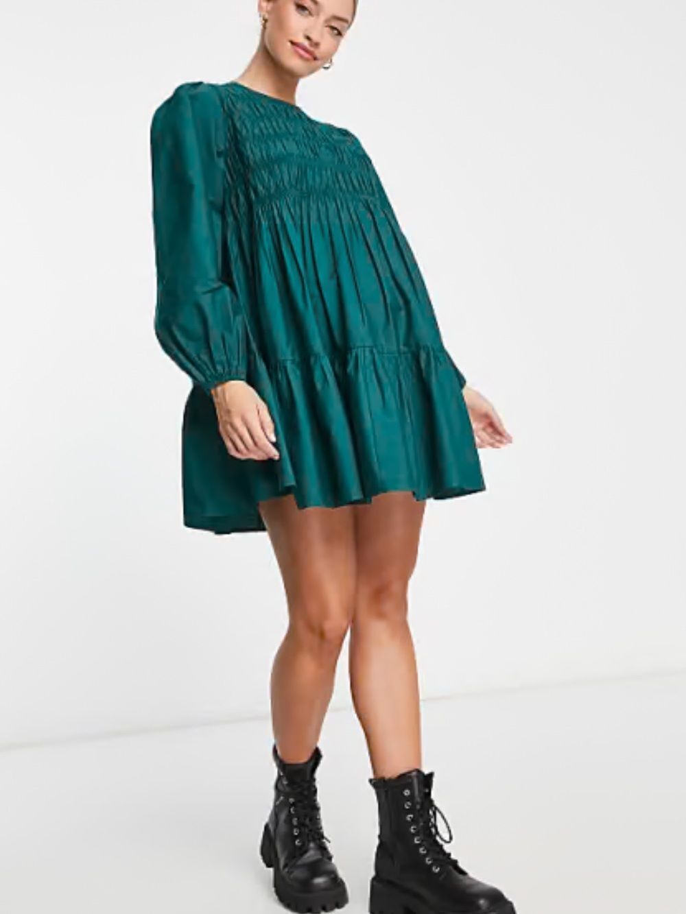 ASOS WOMENS COTTON SHIRRED MINI SMOCKED DRESS GREEN 6/MEDIUM